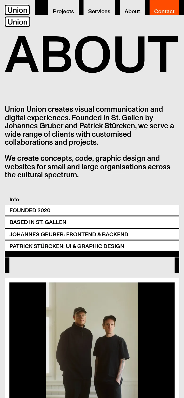 The mobile version presents a single-column vertical layout optimized for small screens. The large 'ABOUT' headline remains prominent at the top, followed by the agency description, a structured 'Info' list, and the founders' portrait, which spans the width of the screen. Navigation links are condensed into a simplified header.