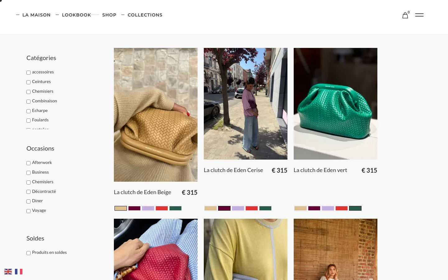 The desktop shop page features a clean white layout with a left-hand sidebar containing filter checkboxes for Categories, Occasions, and Sales. The main content area displays a grid of product images, including beige, cherry, and green clutches, each with its title, price, and color swatches below. The navigation menu at the top includes links for La Maison, Lookbook, Shop, and Collections.