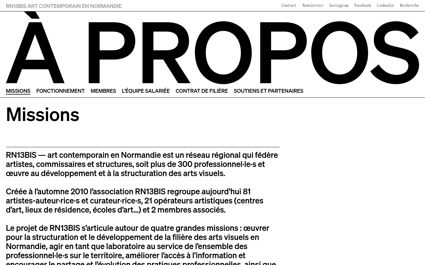 The desktop version features a minimalist white background with a large, bold black heading that reads 'À PROPOS'. Below this, a horizontal navigation menu lists various sections like Missions and Membres, followed by the main content area titled 'Missions' in large black text. The layout is clean and spacious, using high-contrast black typography on a white background.