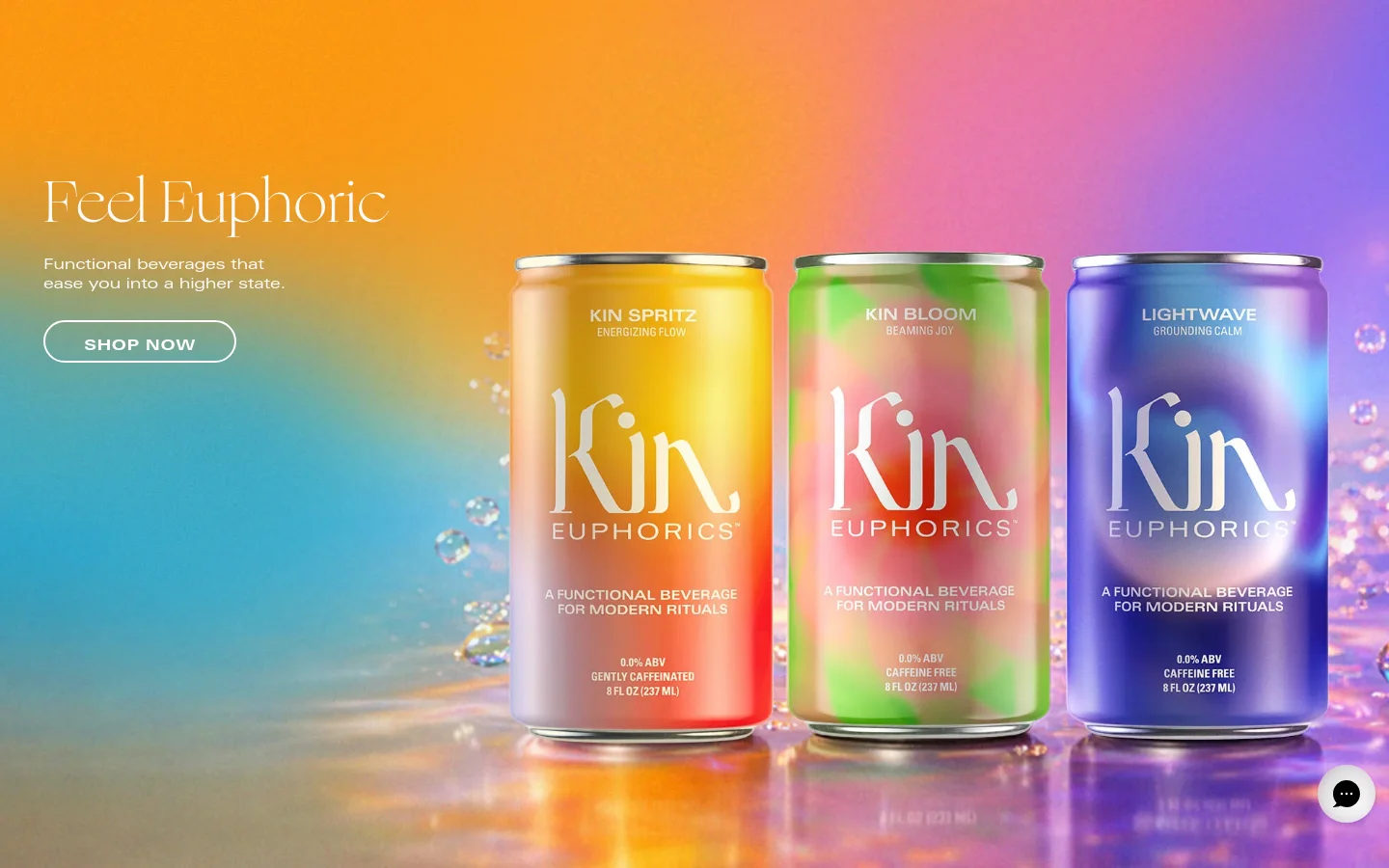 The desktop homepage features a vibrant, multi-colored gradient background in shades of orange, pink, and blue. A hero section displays three colorful beverage cans—Kin Spritz, Kin Bloom, and Lightwave—next to the headline 'Feel Euphoric' and a 'Shop Now' button. Below the hero, a 'Featured In' section displays logos for Nylon, Vogue, Daily Beast, and Food & Wine, followed by a product grid showcasing the three drinks with star ratings.