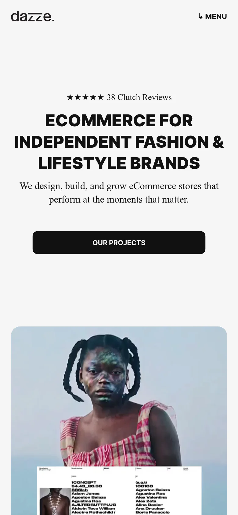 The mobile version uses a vertical layout with a centered design. The top features the Dazze logo and a 'MENU' button, followed by the star rating, the main headline, and the subheadline. The black 'OUR PROJECTS' call-to-action button is prominently centered, and the hero imagery is stacked vertically below the text.