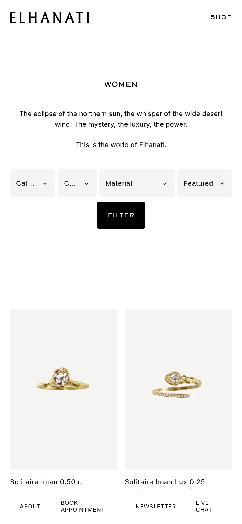 The mobile version presents a vertically stacked layout with the brand logo and navigation links at the top. The 'WOMEN' heading and descriptive text are centered, followed by dropdown filters that span the width of the screen and a prominent black 'FILTER' button. Product images and titles are displayed in a single-column format for easier scrolling.