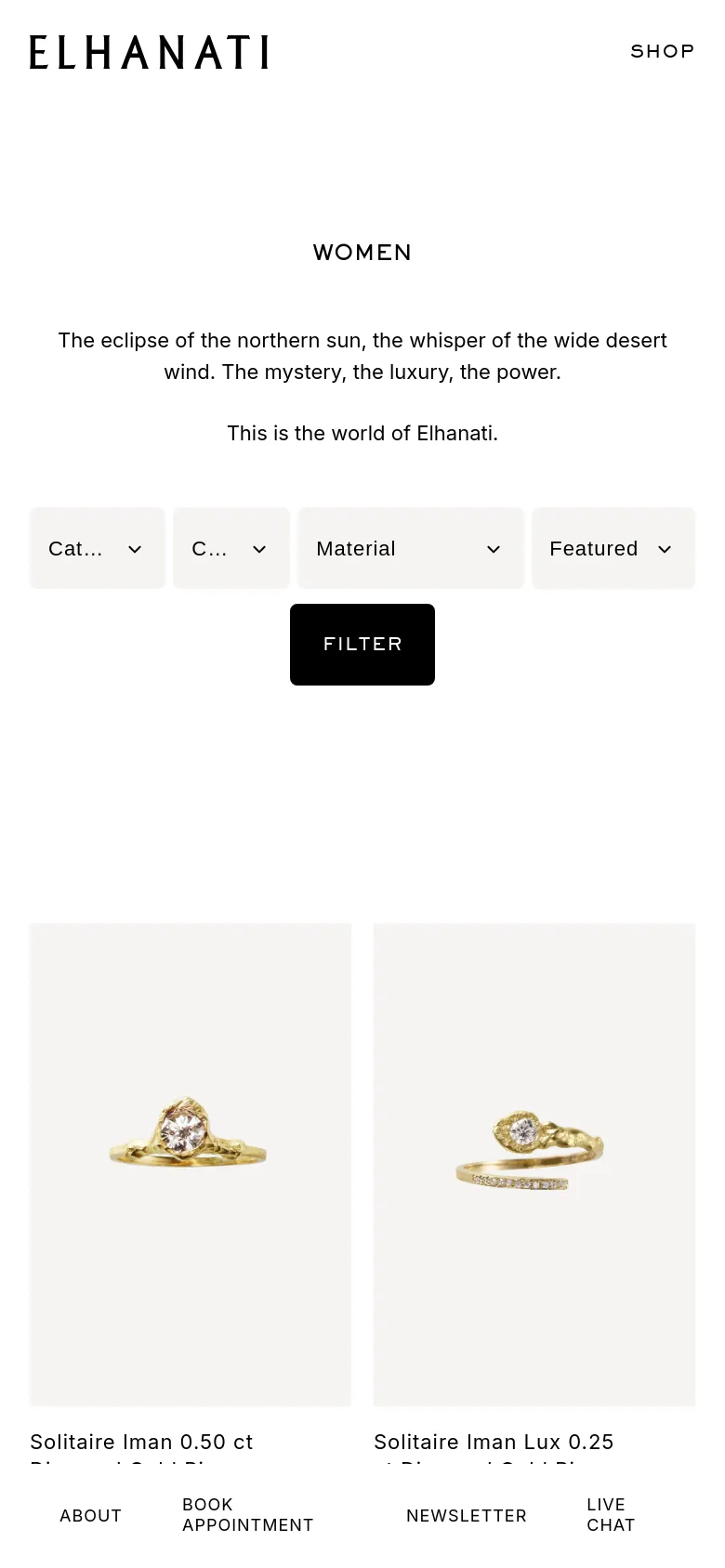 The mobile version presents a vertically stacked layout with the brand logo and navigation links at the top. The 'WOMEN' heading and descriptive text are centered, followed by dropdown filters that span the width of the screen and a prominent black 'FILTER' button. Product images and titles are displayed in a single-column format for easier scrolling.