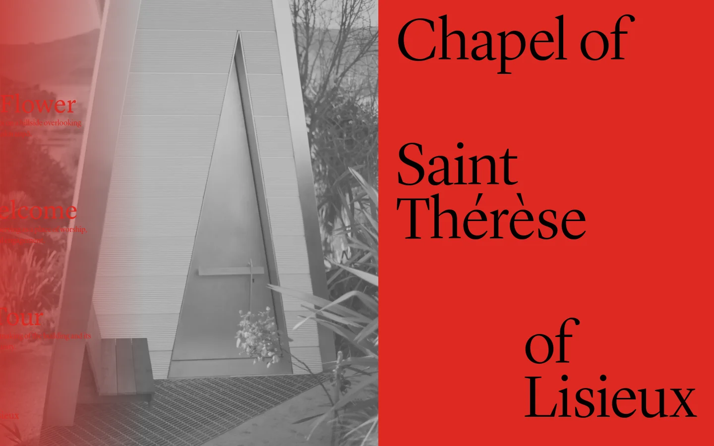 The desktop homepage features a split-screen layout with a black and white photograph of a modern, angular chapel entrance on the left and a bold red block with large serif text on the right reading 'Chapel of Saint Thérèse of Lisieux'. The design is minimalist, using high contrast between the grayscale imagery and the vibrant red background.