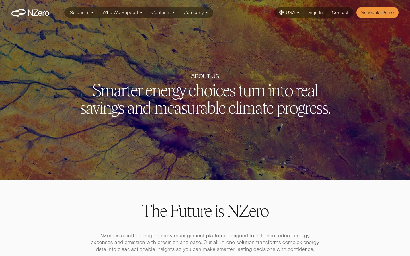 The About Us page features a large hero image of a colorful, textured earth landscape with the headline 'Smarter energy choices turn into real savings and measurable climate progress.' Below, a section titled 'The Future is NZero' introduces the platform's mission in dark text on a white background. The page includes a video thumbnail with a play icon and a leadership section featuring professional headshots and biographies.