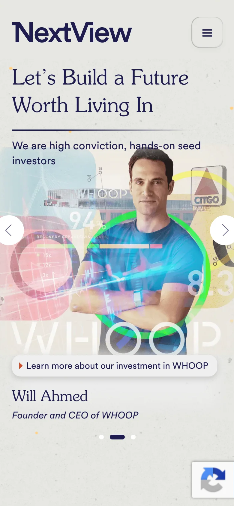 The mobile version presents a vertically stacked layout of the hero section, centering the headline 'Let's Build a Future Worth Living In' above the collage image. The WHOOP investment call-to-action button is full-width, and the navigation menu is condensed into a hamburger icon in the top right corner.