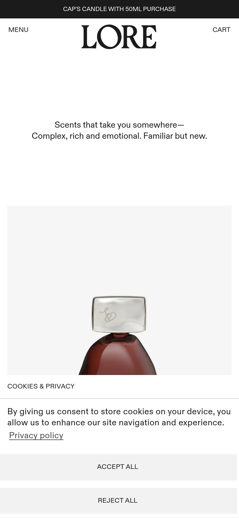 The mobile version uses a simplified header with a 'MENU' toggle on the left, the LORE logo in the center, and 'CART' on the right. The content follows a vertical stack, beginning with the brand's introductory text followed by a large product image of a dark red perfume bottle. A cookie consent banner occupies the bottom of the screen with 'ACCEPT ALL' and 'REJECT ALL' buttons.
