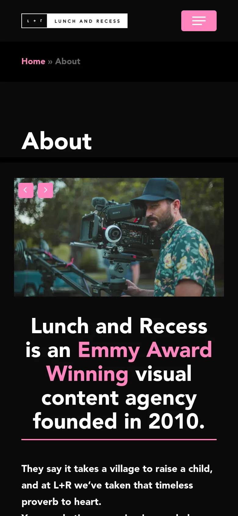 The mobile version displays a simplified layout with a hamburger menu icon in the top right and a centered logo. The hero image slider and large headline 'About' are stacked vertically, followed by the agency's mission statement. The content is condensed for a single-column view, prioritizing the large text and imagery.