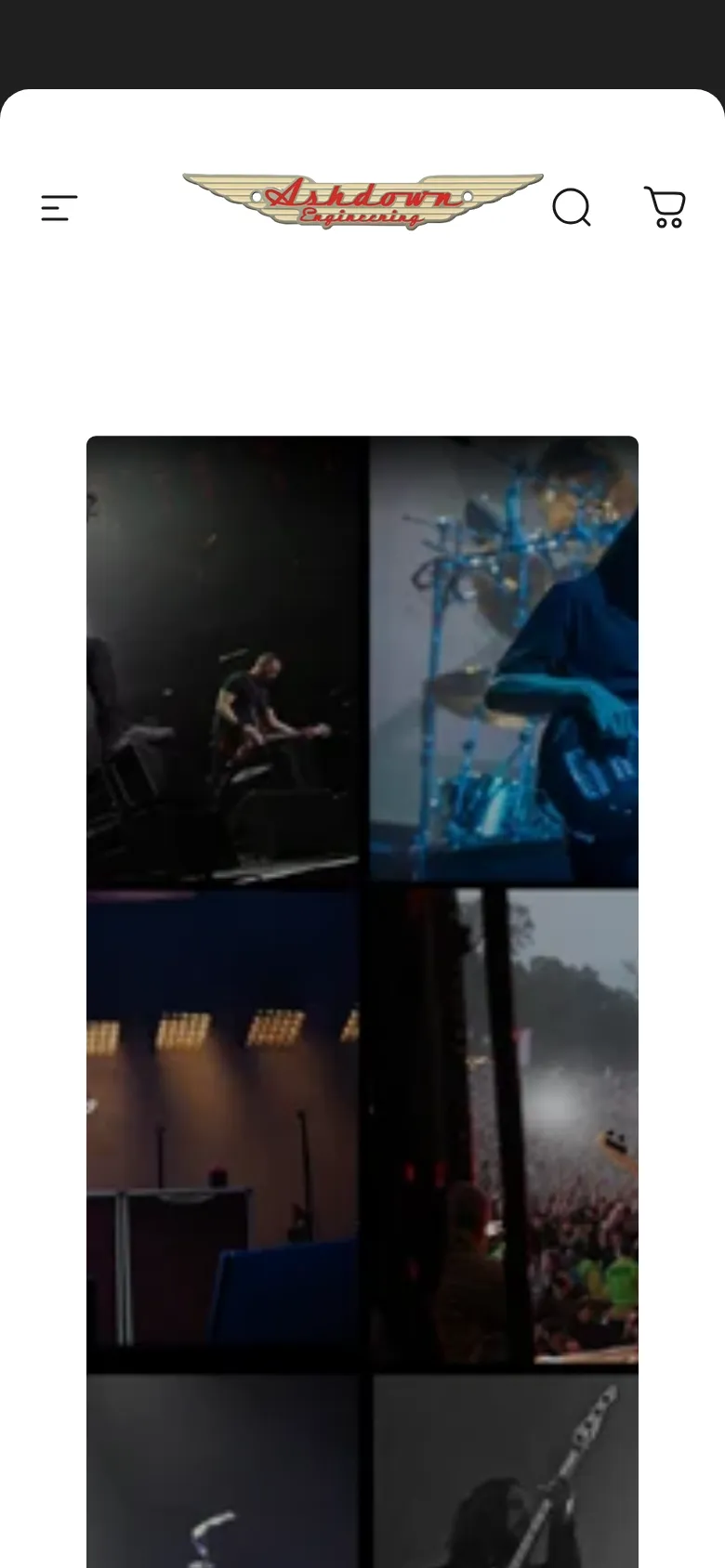 The mobile version presents a simplified vertical layout with a condensed header containing a hamburger menu, logo, search, and cart icons. The hero image and artist grid are stacked vertically to fit the narrow screen, focusing on single-column imagery and text.