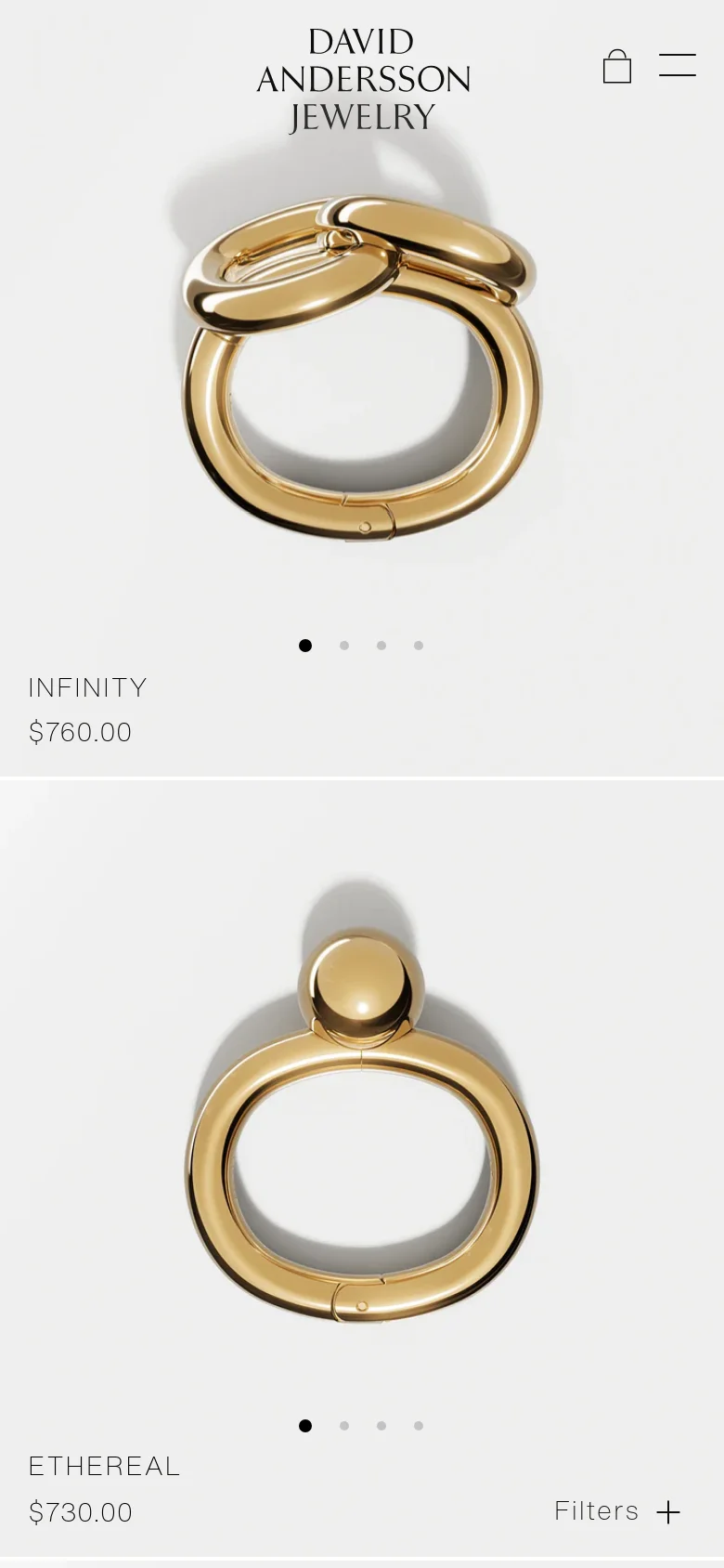 The mobile version presents a single-column vertical layout of large jewelry product images to optimize for small screens. Each product, like the gold Infinity ring, is shown with its title and price prominently displayed below the image. The header remains at the top with the brand name and icons, while the 'Filters' button is positioned at the bottom right for easy thumb access.