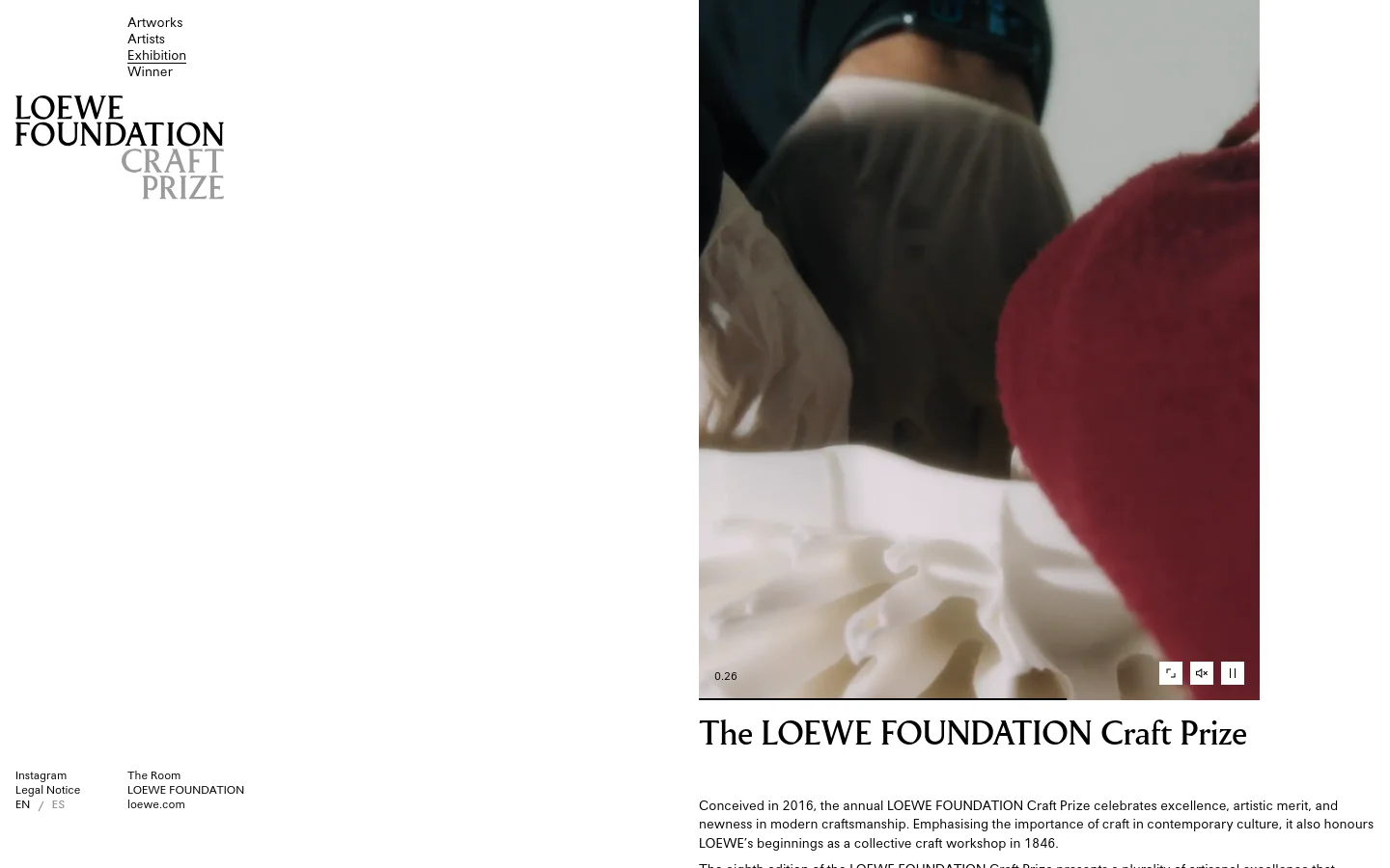 The desktop page features a minimalist white layout with the LOEWE FOUNDATION Craft Prize logo in the top left. A large hero section displays a video of artisanal textures, followed by text describing the 2025 exhibition and two primary sections for the Digital and Thyssen-Bornemisza National Museum exhibitions. A carousel of high-quality craft imagery sits at the bottom of the main content area.