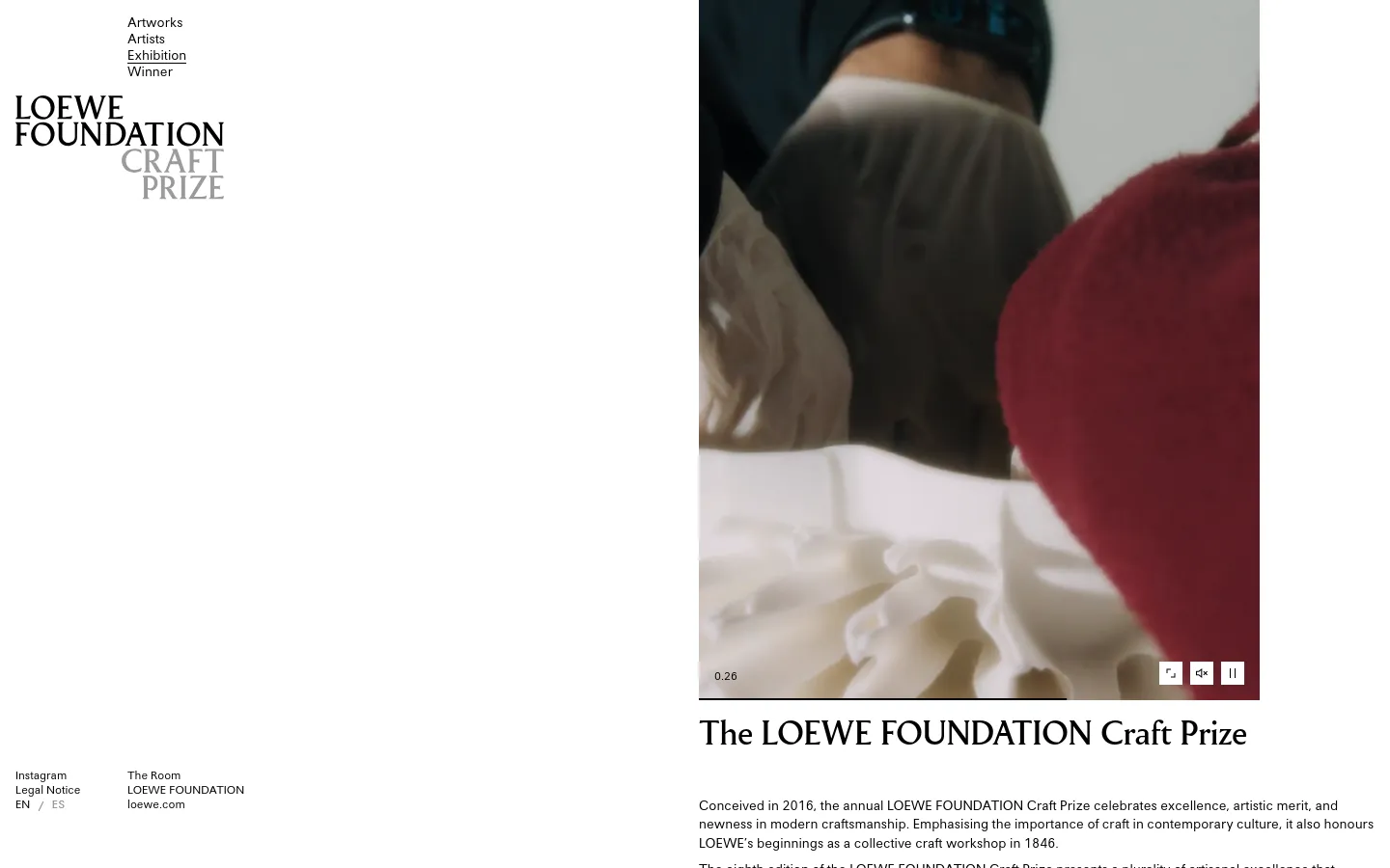 The desktop page features a minimalist white layout with the LOEWE FOUNDATION Craft Prize logo in the top left. A large hero section displays a video of artisanal textures, followed by text describing the 2025 exhibition and two primary sections for the Digital and Thyssen-Bornemisza National Museum exhibitions. A carousel of high-quality craft imagery sits at the bottom of the main content area.