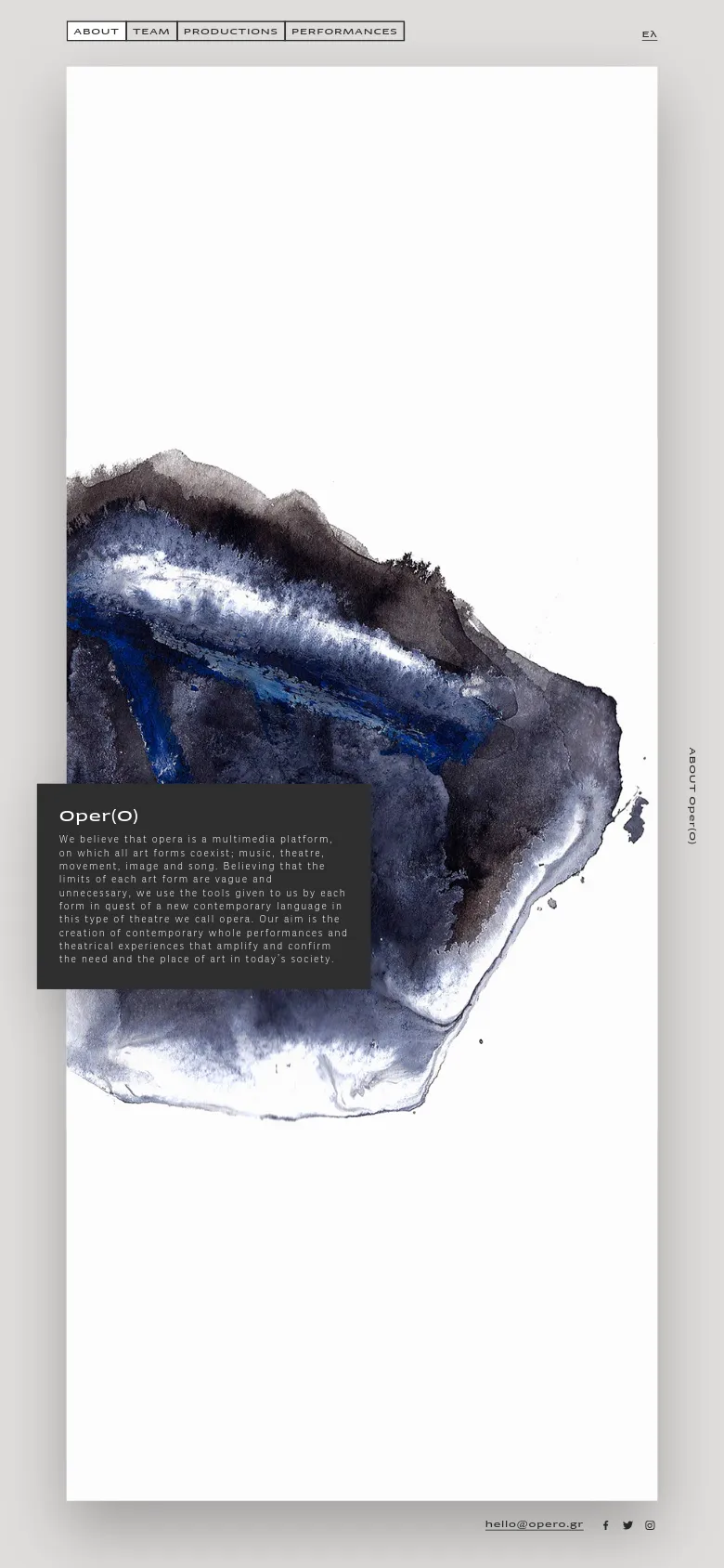 The mobile version presents a vertically stacked layout where the abstract blue and black watercolor artwork dominates the upper half of the screen. The 'Oper(O)' headline and descriptive text are placed within a dark overlay on the lower portion of the image. The navigation menu is condensed at the top, and the overall composition is narrower to fit the portrait orientation.