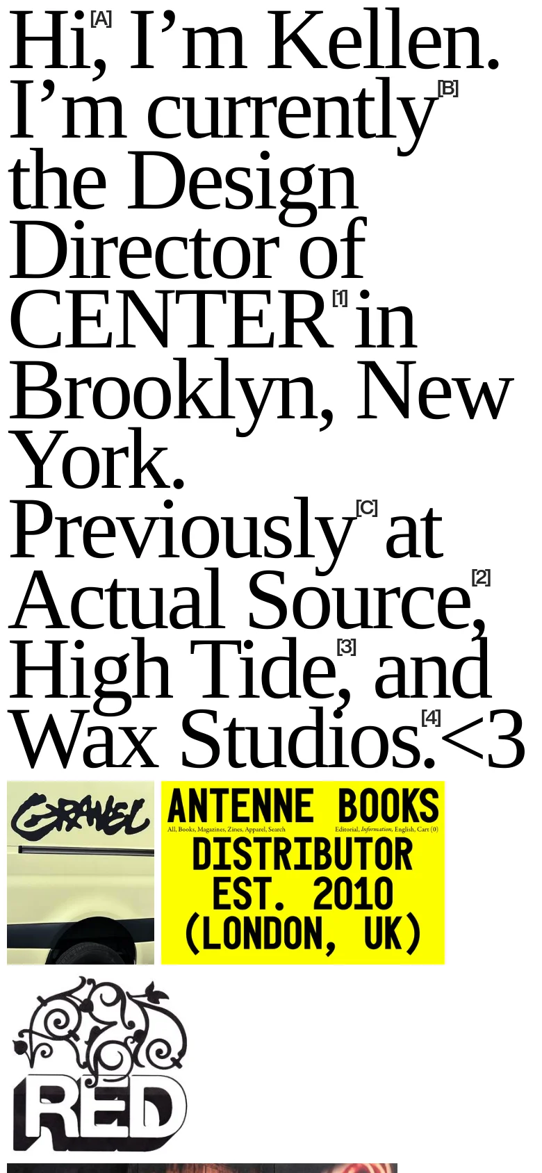 The mobile version maintains the large, black serif typography and white background but stacks the content vertically. The introductory text dominates the top of the screen, followed by a single-column arrangement of the colorful graphic images and posters.