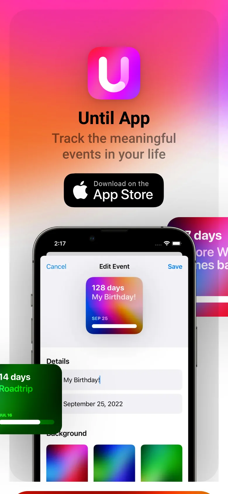 The mobile version presents a vertically stacked layout on the same colorful gradient background. The app icon and headline appear at the top, followed by the App Store button and a large, centered smartphone mockup showing the app's event editing screen.