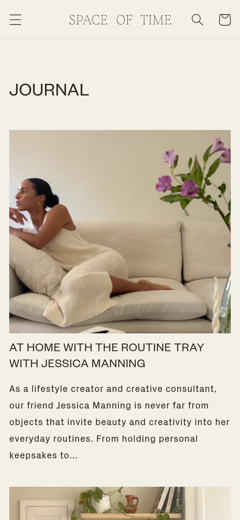 The mobile version maintains the minimalist aesthetic but uses a condensed header with a hamburger menu, search, and cart icons. The 'JOURNAL' title is prominent above a full-width hero image of a woman on a sofa. The content transitions to a single-column vertical scroll, stacking the blog post images, headlines, and descriptions for easier mobile reading.