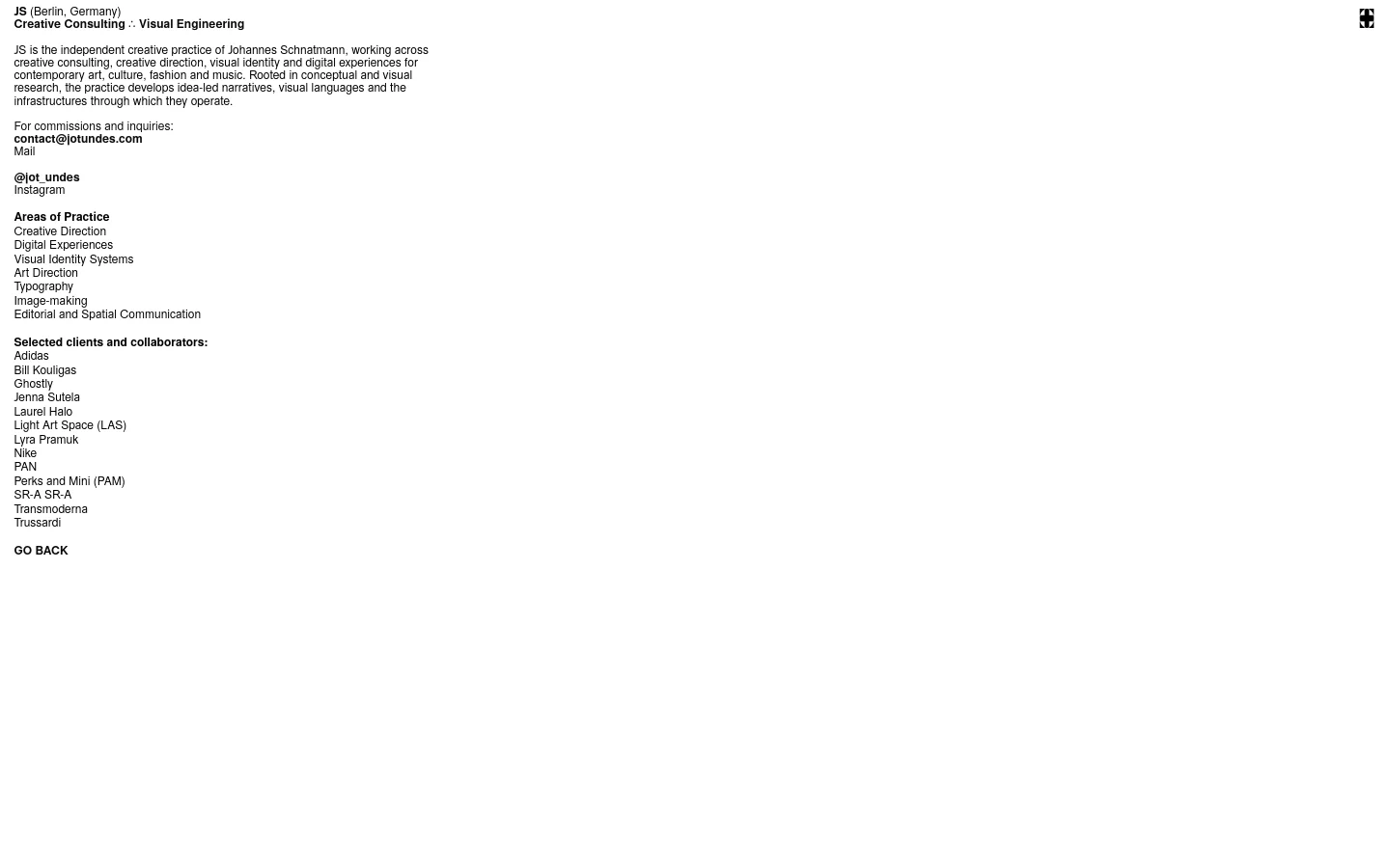 A minimalist information page with a white background and black text. The layout features a top navigation menu, a central biographical section for JS, a list of areas of practice, and a column of selected clients and collaborators. A small graphic logo is positioned above the 'Areas of Practice' heading.