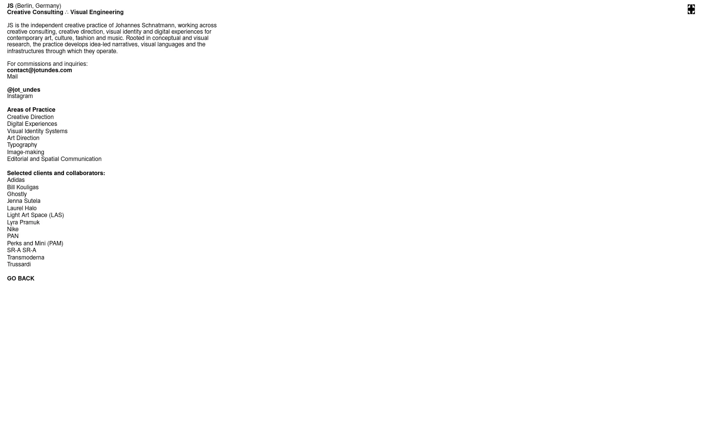 A minimalist information page with a white background and black text. The layout features a top navigation menu, a central biographical section for JS, a list of areas of practice, and a column of selected clients and collaborators. A small graphic logo is positioned above the 'Areas of Practice' heading.