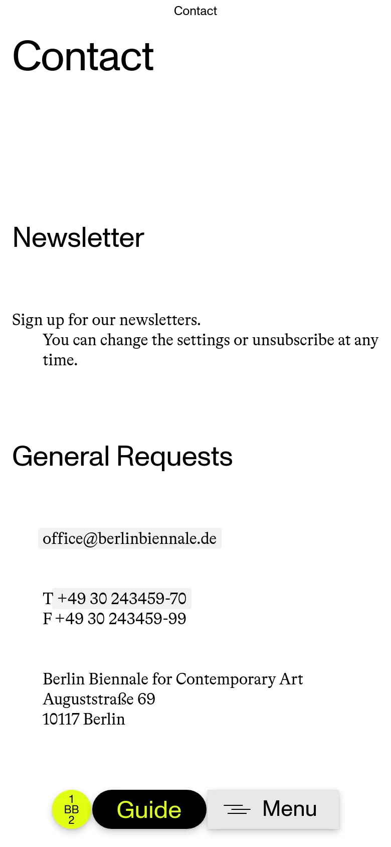 The mobile version simplifies the layout by removing the large side graphic, focusing entirely on the text content. The 'Contact' heading and sections for Newsletter and General Requests are stacked vertically, with a simplified 'Guide' and 'Menu' navigation bar at the bottom.