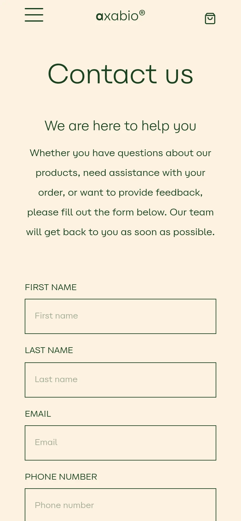 The mobile version maintains the cream and dark green color scheme but uses a stacked layout. The navigation menu is condensed into a hamburger icon, and the contact form fields are scaled to fit the narrower screen width for easier vertical scrolling.