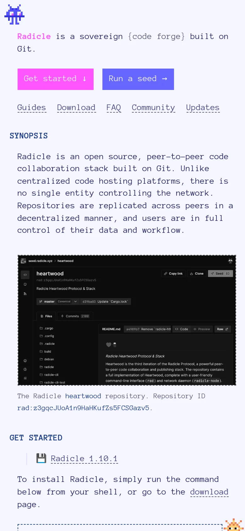 The mobile version maintains the dark theme and minimalist layout but stacks elements vertically for readability. The navigation links are arranged in a grid-like flow below the hero buttons, and the repository screenshot is scaled down to fit the narrower viewport width.