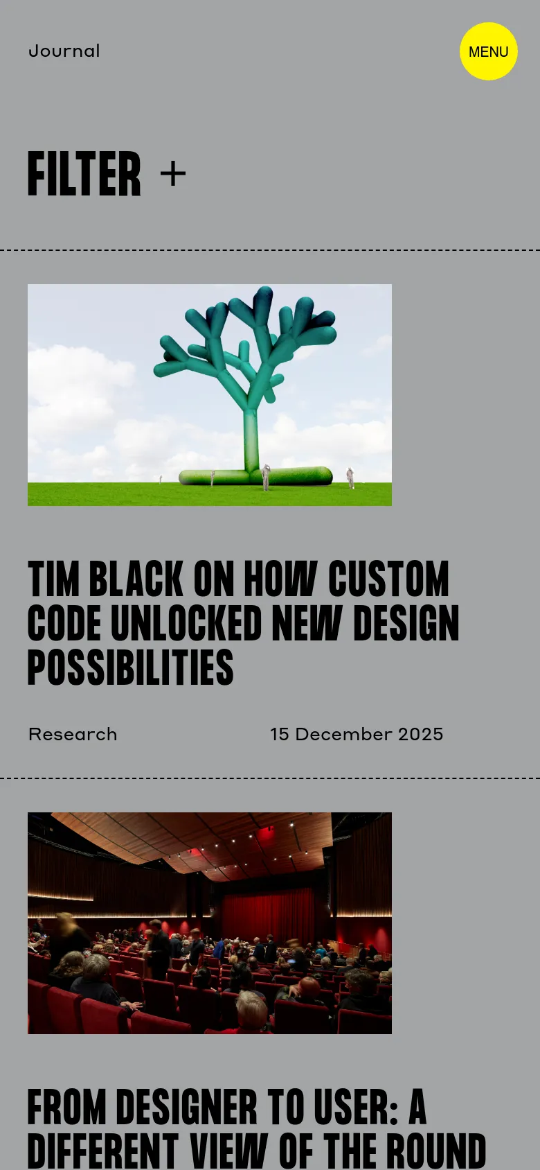 The mobile view maintains the grey aesthetic but transitions to a single-column vertical stack. The 'FILTER +' heading is followed by large, full-width images for each entry, with the bold headlines and metadata positioned directly underneath each image.