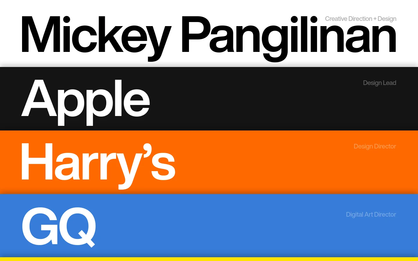 A minimalist portfolio homepage featuring large, bold typography on a white background with the name Mickey Pangilinan. Below the name, the layout consists of thick, full-width horizontal color bands in black, orange, and blue, each containing a brand name like Apple, Harry's, and GQ alongside a job title. The design is high-contrast and uses a clean, modern aesthetic.
