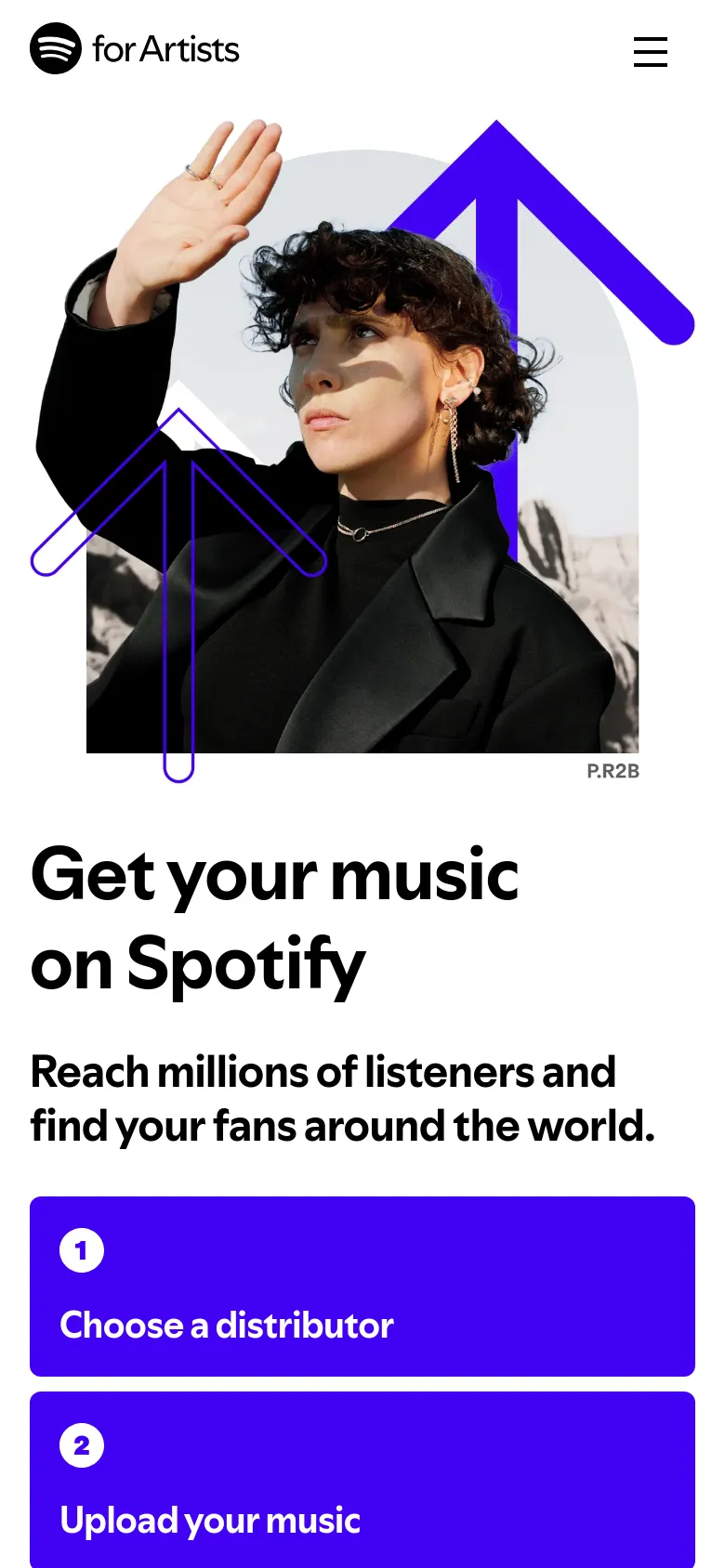 The mobile version stacks the content vertically, starting with a large hero image of artist P.R2B and purple arrows. The headline and subheadline follow, and the four-step process is presented as large, full-width purple buttons with white text and numbers. The navigation is condensed into a hamburger menu icon at the top right.
