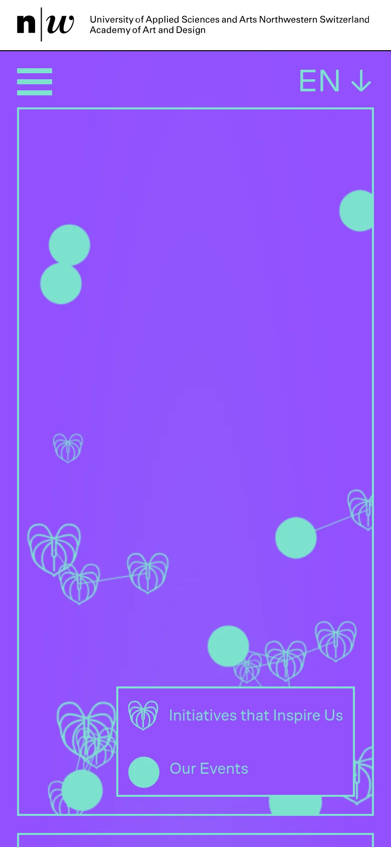The mobile version uses a similar purple background with teal nodes and heart icons, but the layout is condensed. The top navigation is replaced by a hamburger menu icon on the left and a language selector on the right, with the main graphic elements filling the vertical screen space.