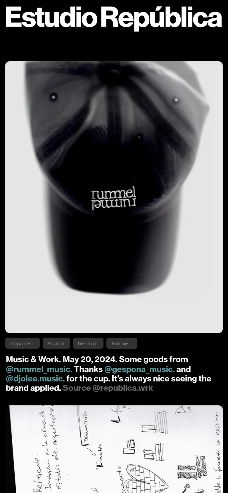 The mobile version maintains the large 'Estudio República' header but shifts to a single-column vertical scroll. Project entries, such as the rummel cap, appear as large full-width images followed by stacked text elements including tags, dates, and descriptions. The layout is simplified for vertical navigation on a narrow screen.