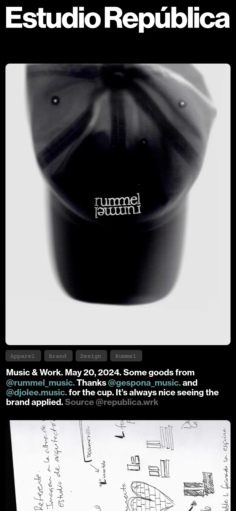 The mobile version maintains the large 'Estudio República' header but shifts to a single-column vertical scroll. Project entries, such as the rummel cap, appear as large full-width images followed by stacked text elements including tags, dates, and descriptions. The layout is simplified for vertical navigation on a narrow screen.