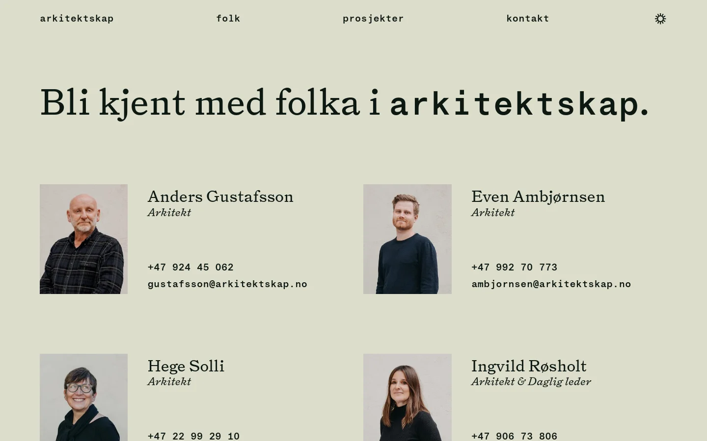 The desktop page features a light beige background with a large serif headline reading 'Bli kjent med folka i arkitektskap.' Below, a grid layout displays staff portraits next to their names, roles, phone numbers, and email addresses. The navigation menu at the top includes links for arkitektskap, folk, prosjekter, and kontakt.