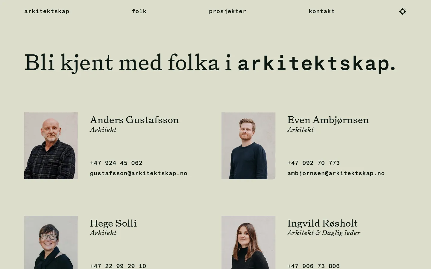 The desktop page features a light beige background with a large serif headline reading 'Bli kjent med folka i arkitektskap.' Below, a grid layout displays staff portraits next to their names, roles, phone numbers, and email addresses. The navigation menu at the top includes links for arkitektskap, folk, prosjekter, and kontakt.