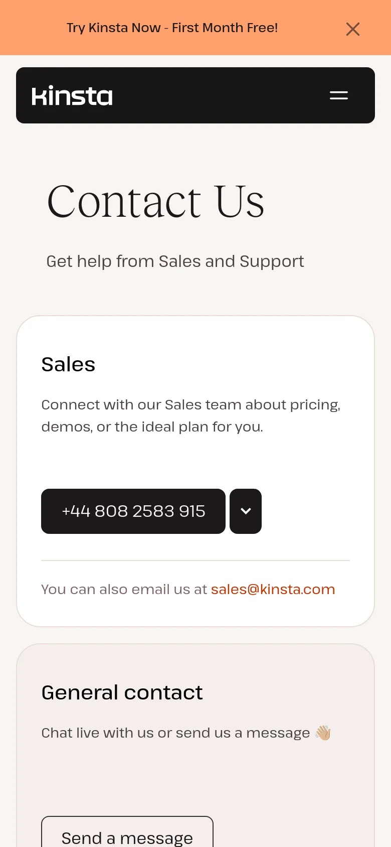 The mobile version presents a simplified, vertically stacked layout optimized for smaller screens. The navigation bar is condensed into a hamburger menu icon, and the contact cards for Sales, General contact, and Support are stacked one on top of the other instead of being side-by-side.