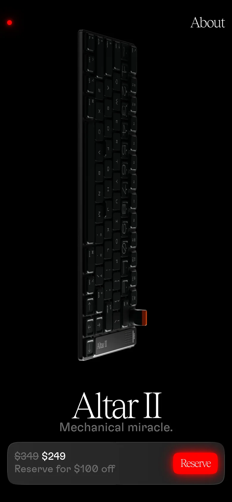 Mobile version of the Altar II homepage with a vertical orientation. The hero image shows the keyboard from a side profile to emphasize its thinness, followed by the product title and a bottom-anchored reservation bar with a prominent red button.