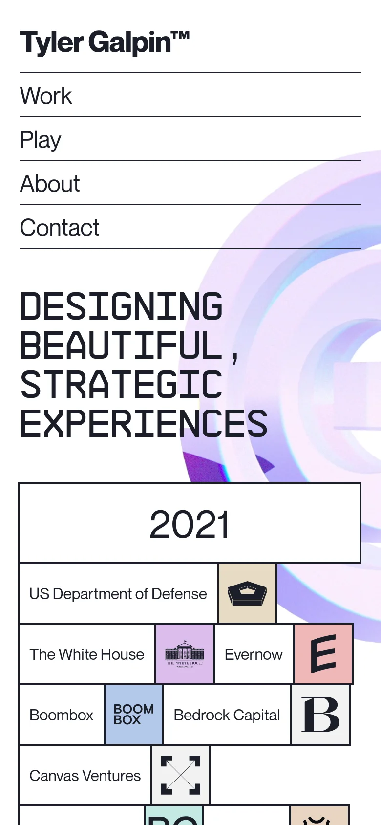 The mobile version presents a vertical stack of the desktop layout. The navigation links and headline are positioned at the top, followed by a large grid of project tiles including 'US Department of Defense' and 'The White House' below the main text.