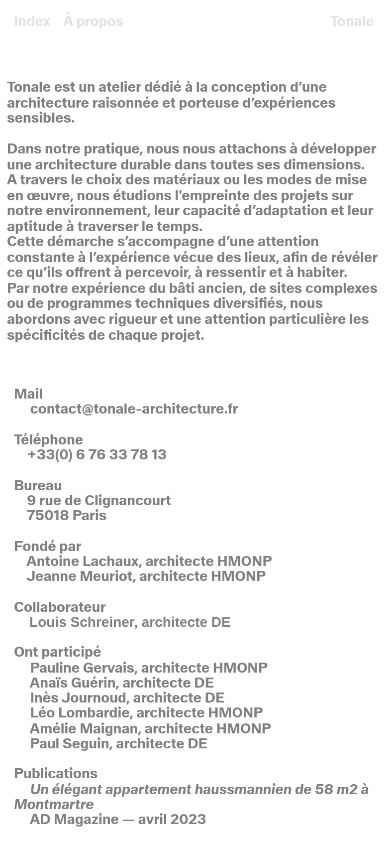 The mobile version presents a single-column, vertically stacked layout optimized for small screens. The large 'Tonale' branding is at the top, followed by the introductory text, and then contact information, team lists, and publications, all presented in a simple, readable text-only format without the side-by-side columns seen on desktop.