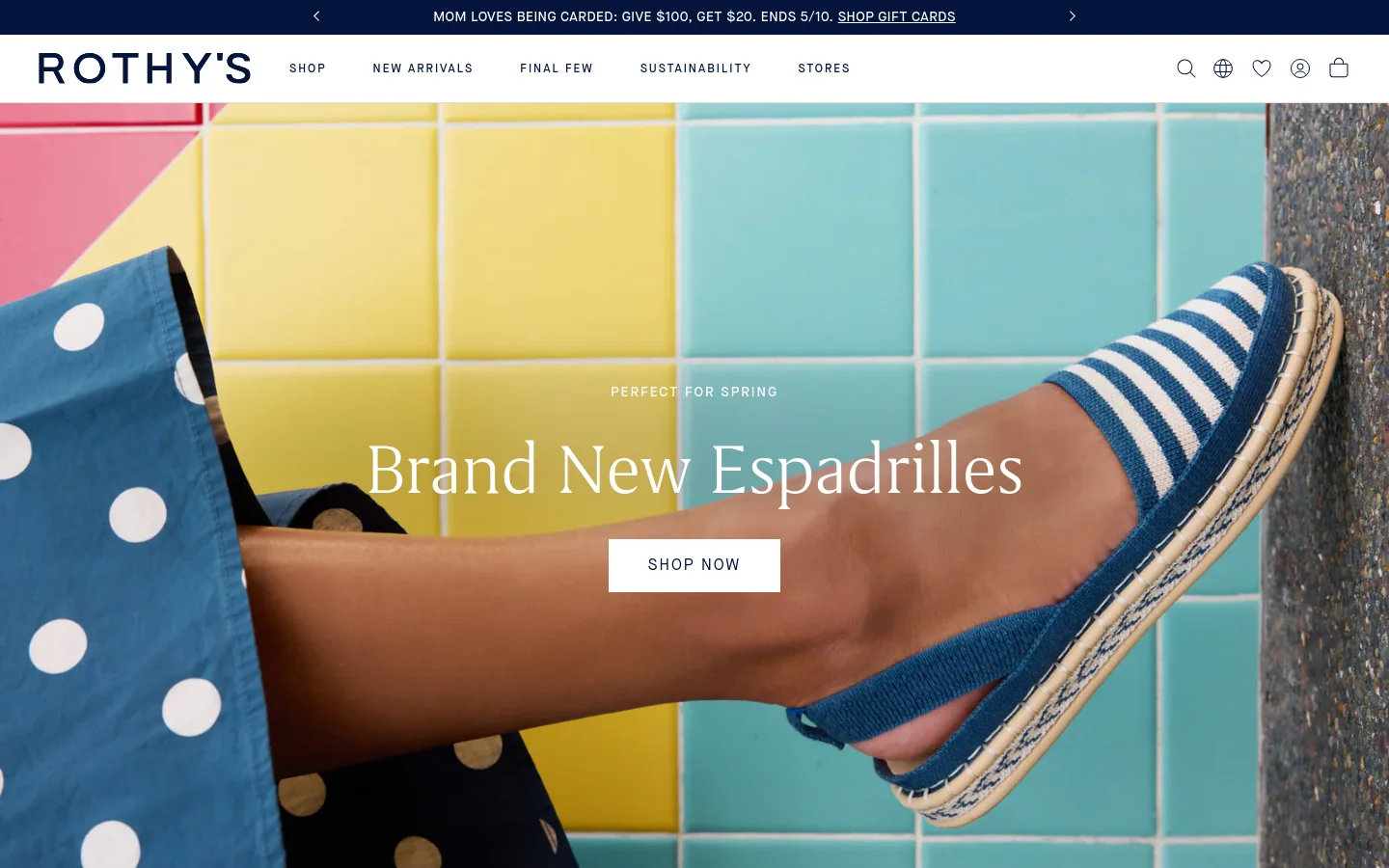 The Rothy's desktop homepage features a large hero image of a blue and white striped espadrille against a colorful tiled background, with the headline 'Brand New Espadrilles' and a 'SHOP NOW' button. Below the hero, a navigation menu lists categories like Flats and Bags, followed by a grid of product images for New Arrivals and Best Sellers. A scrolling text banner at the bottom emphasizes sustainability.