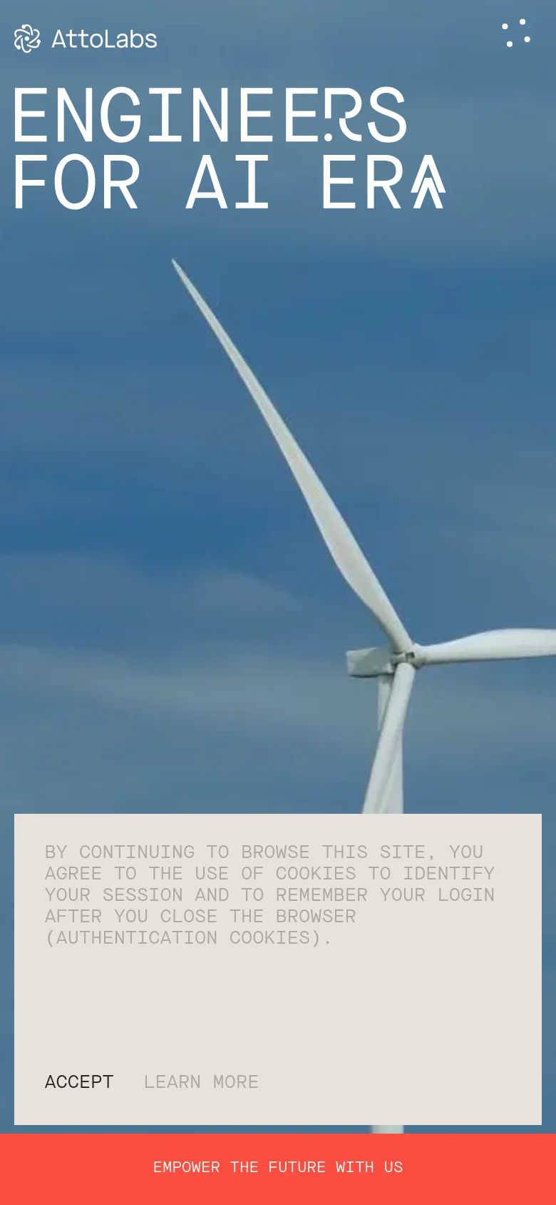 The mobile version shows a vertically oriented view of the wind turbine hero image with the headline 'ENGINEERS FOR AI ERA' prominently centered. The top navigation is condensed, and the cookie consent banner expands to cover more of the lower screen area. The red 'Empower the future with us' bar remains fixed at the bottom of the viewport.