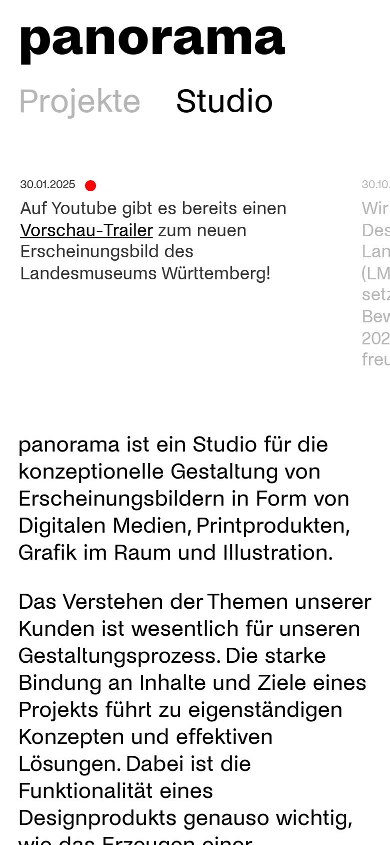 The mobile version simplifies the layout into a single vertical column. The navigation links are stacked or condensed, and the news feed updates are listed vertically one after another, while the large descriptive text remains prominent at the bottom.