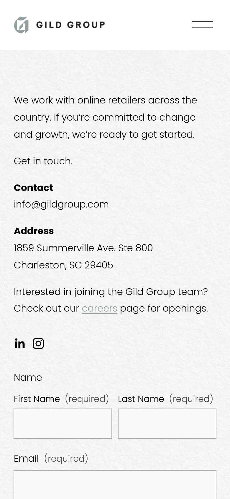 The mobile version simplifies the layout into a single vertical column. The text and contact details are stacked at the top, followed by the contact form fields and the 'Send' button, with the navigation menu collapsed into a hamburger icon at the top right.