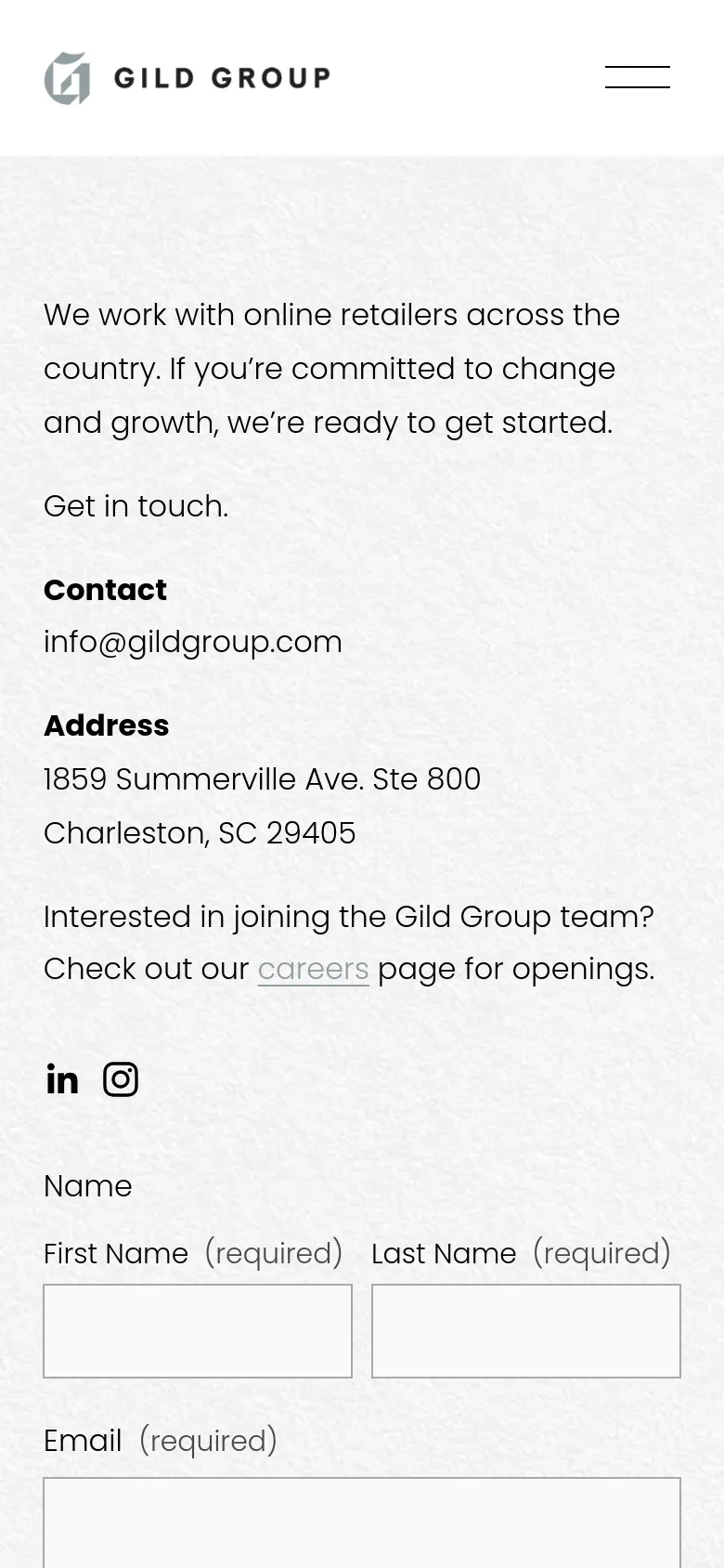 The mobile version simplifies the layout into a single vertical column. The text and contact details are stacked at the top, followed by the contact form fields and the 'Send' button, with the navigation menu collapsed into a hamburger icon at the top right.