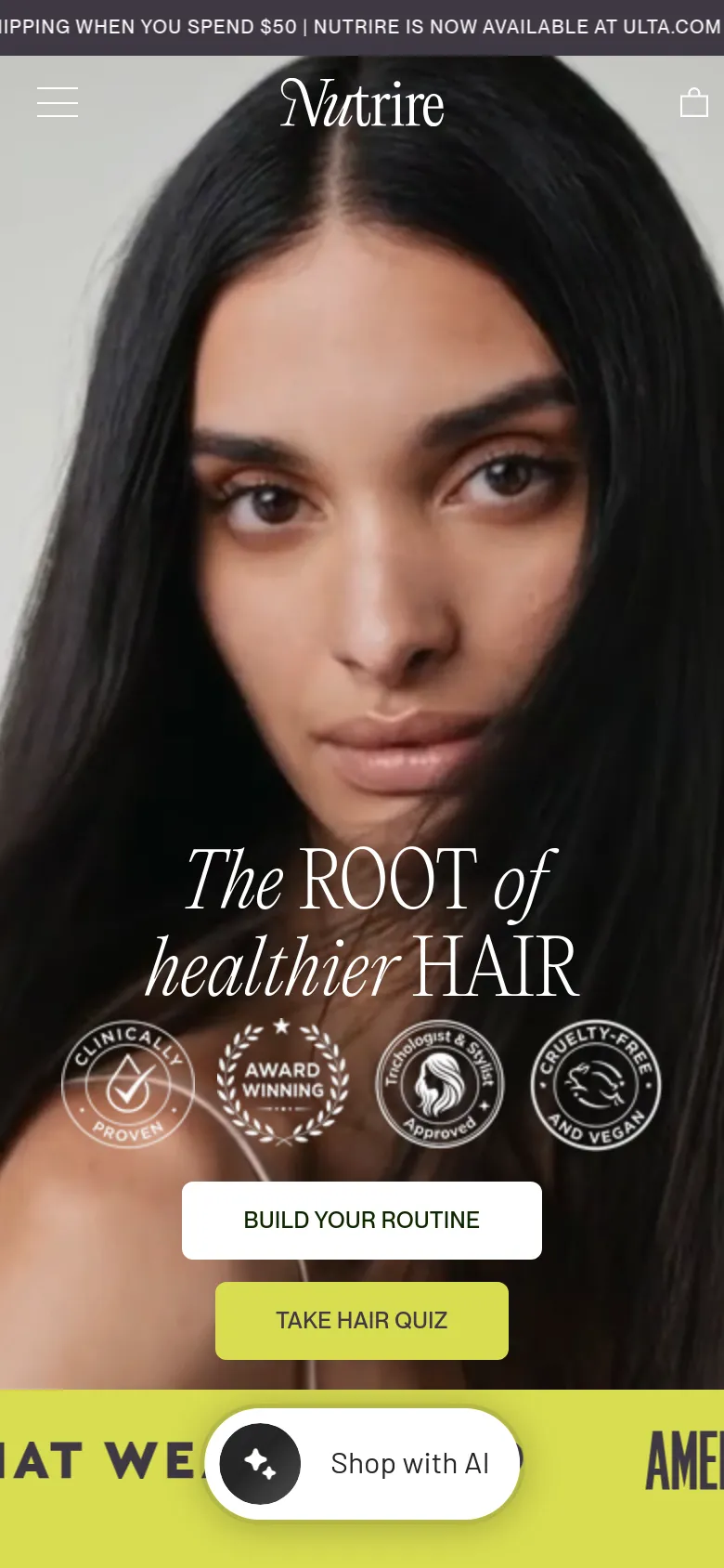 The mobile version displays a vertical hero image of a woman's face with the same headline and certification badges overlaid. The layout is condensed, with the 'BUILD YOUR ROUTINE' and 'TAKE HAIR QUIZ' buttons stacked vertically. A floating 'Shop with AI' button is anchored at the bottom of the screen over a lime green bar.