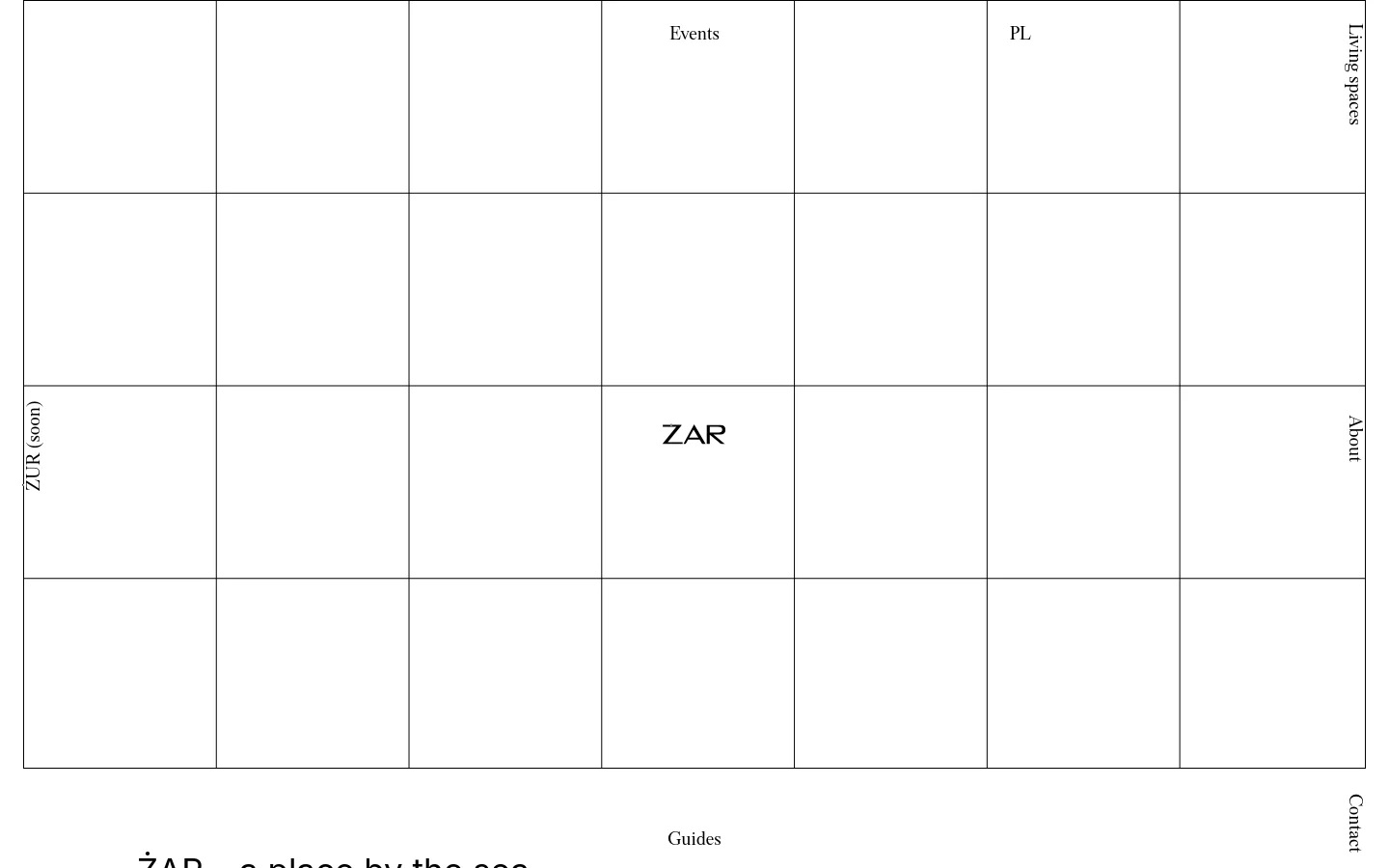 The desktop About page features a minimalist design with a large grid overlaying an aerial view of a rural estate. The text 'ŻAR – a place by the sea' is prominently displayed at the bottom left, with navigation links like 'Events', 'Living spaces', and 'Contact' positioned along the edges of the screen.