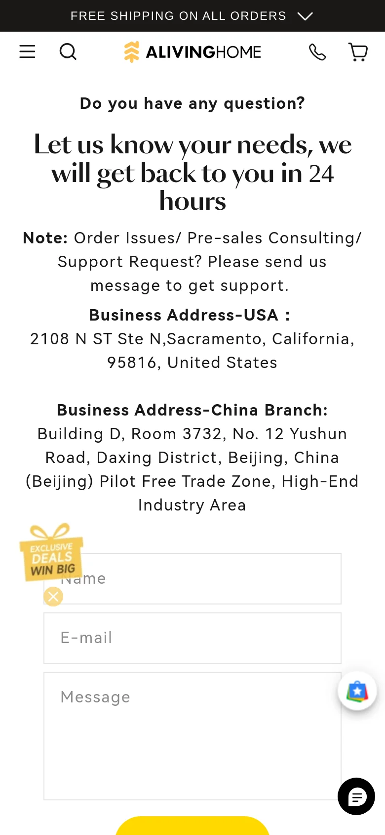 The mobile version presents a vertically stacked layout optimized for small screens. The contact form fields and the yellow 'Send message' button are full-width, and the text is centered for readability. The floating 'Exclusive Deals' and chat icons are repositioned to avoid obstructing the primary contact form inputs.