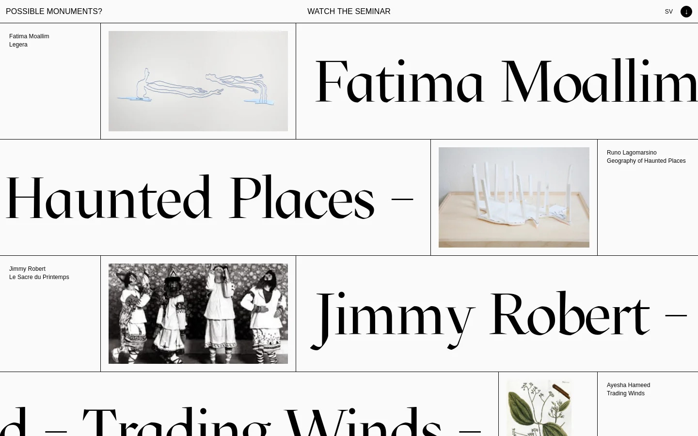 The desktop homepage features a minimalist, grid-based layout with large serif typography and high-contrast black text on a white background. The page displays a series of rectangular tiles, each containing an artist's name, a project title, and a corresponding image, such as a line drawing or a photograph. A navigation bar at the top includes the site title, a link to watch a seminar, and a language switcher.
