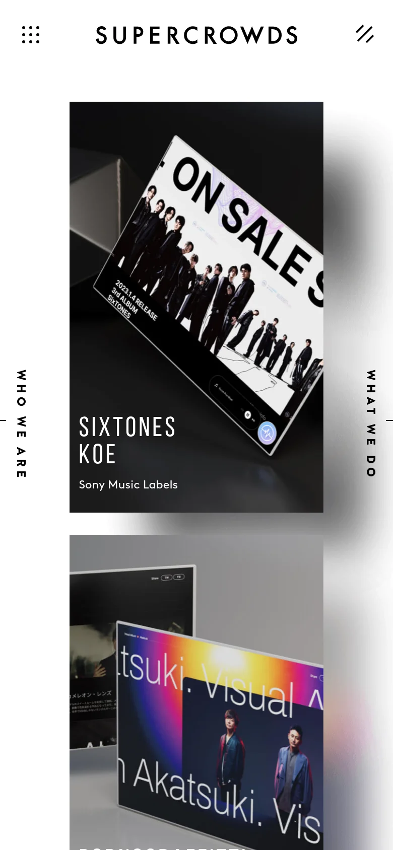 The mobile version simplifies the layout into a single-column vertical scroll, focusing on large project imagery. The top navigation is condensed into a grid icon and the brand name, with the side navigation links removed to prioritize the project showcase.