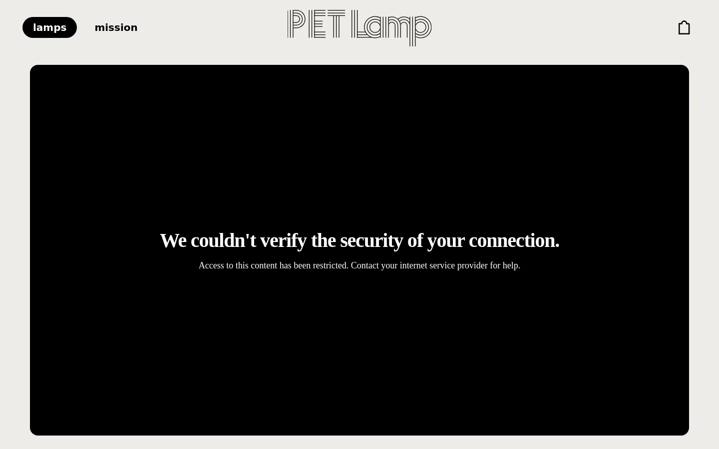 The PET Lamp homepage features a minimalist light gray header with the brand logo centered, a 'lamps' button, a 'mission' link, and a shopping bag icon. Below the header, a large black video placeholder occupies the center of the screen, followed by a large serif headline that reads 'Empowering people to give plastic a second life.' with the word 'people' highlighted in orange.