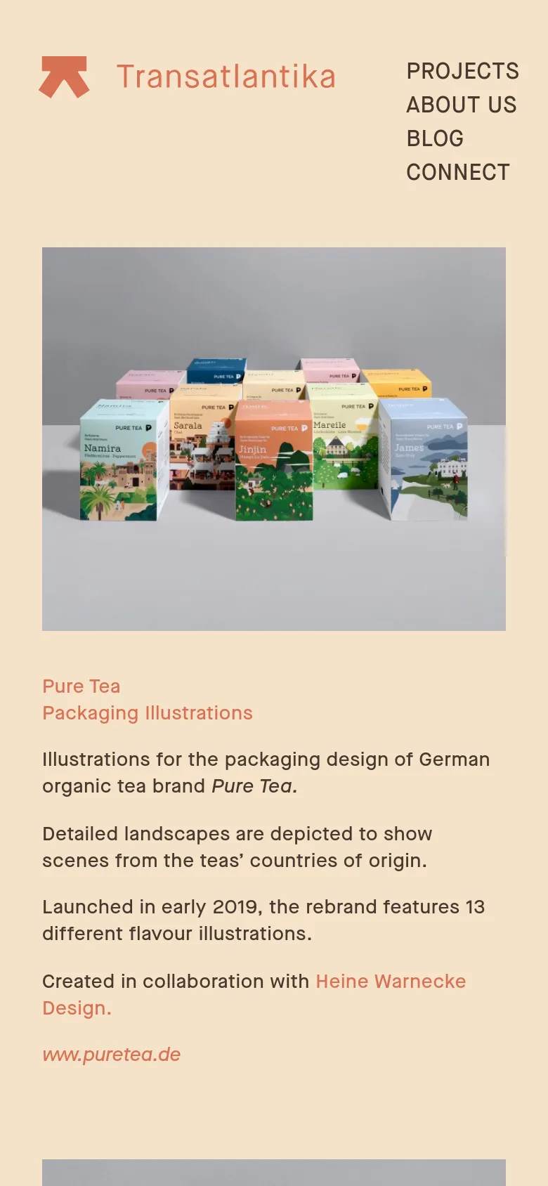 The mobile version displays the Transatlantika logo and a vertical navigation menu at the top. Below, the hero image of the colorful tea packaging spans the width of the screen, followed by the project title and descriptive text stacked vertically in a single column on a light beige background.