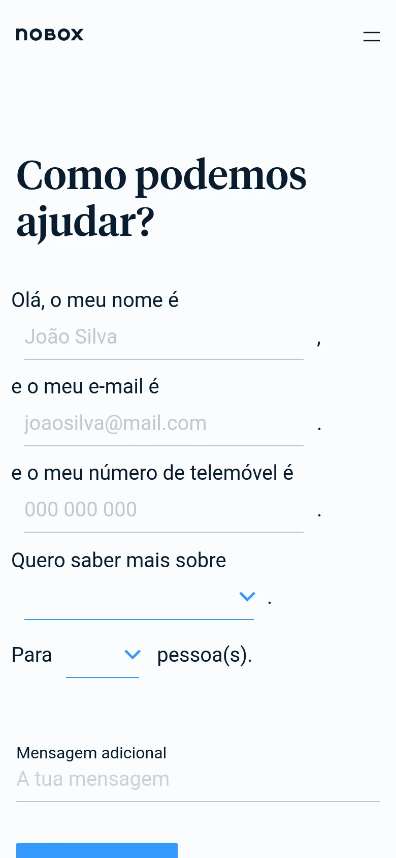The mobile version simplifies the layout into a single vertical column, focusing on the 'Como podemos ajudar?' headline and the contact form. The decorative illustrations are repositioned or scaled down to prioritize the input fields and the blue submission button.